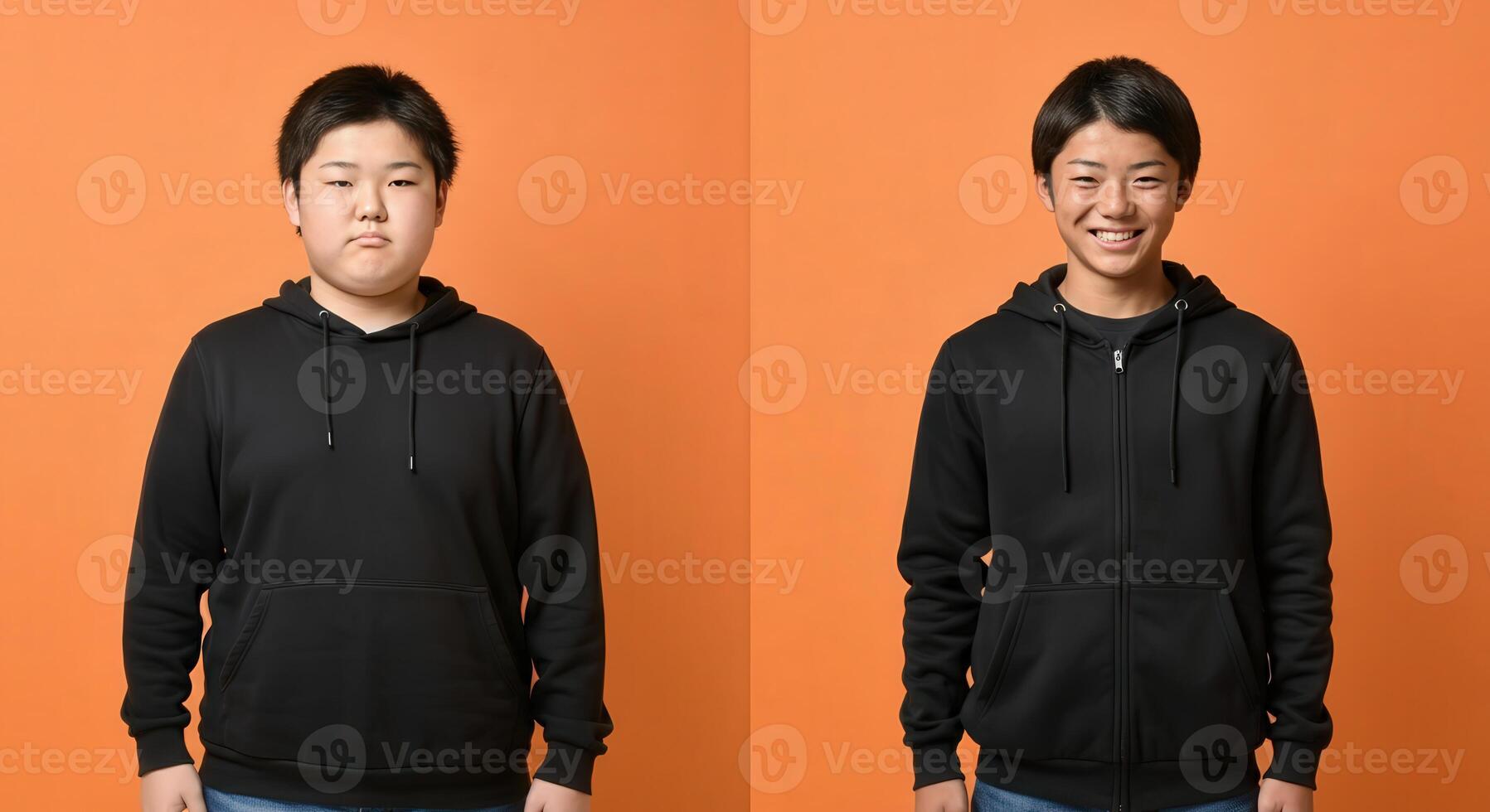 Transformation journey, personal growth, before and after abstract concept, orange background, diverse models photo