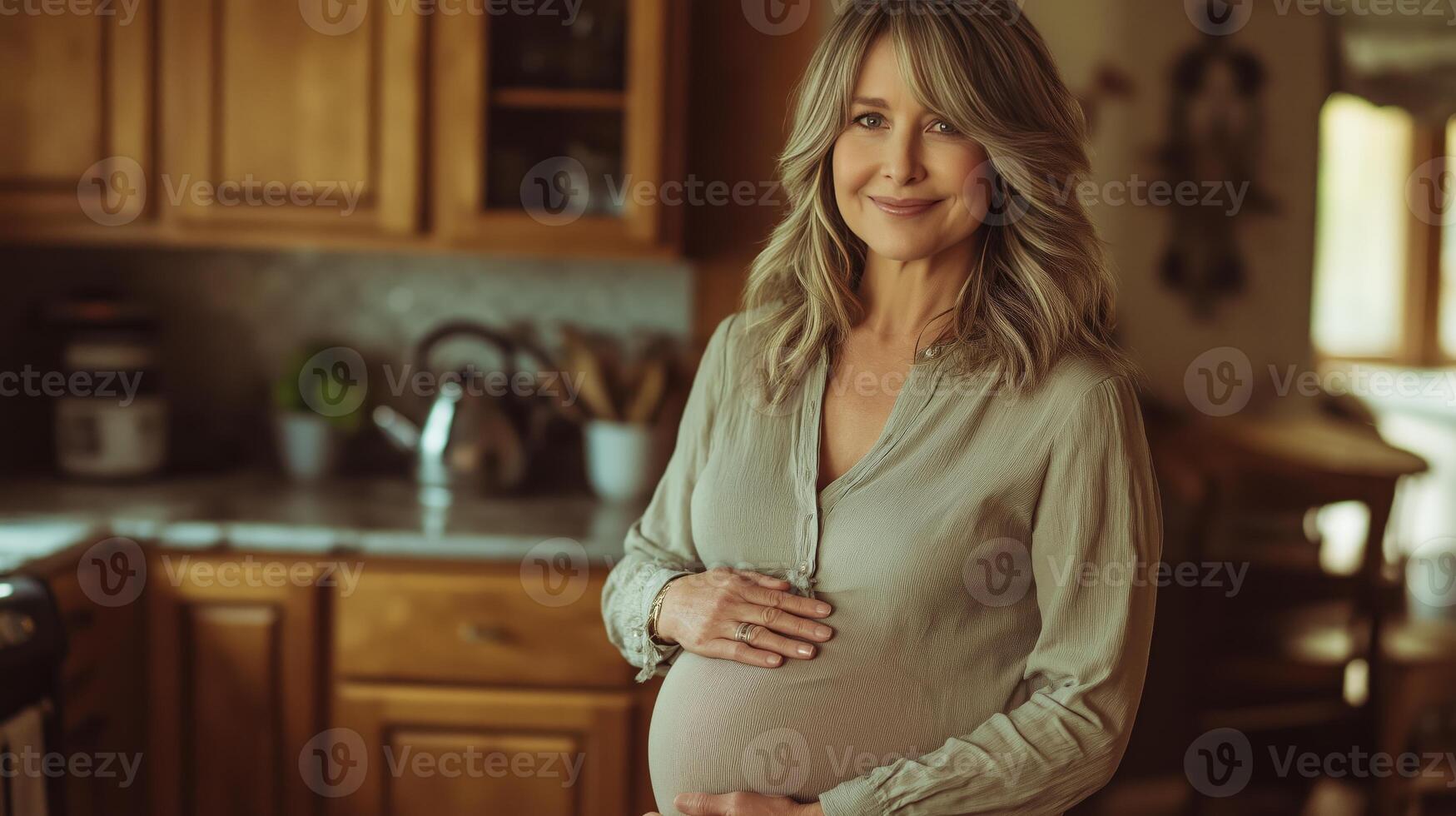 Middle-aged pregnant woman in a cozy kitchen setting, highlighting maternal joy and serenity photo
