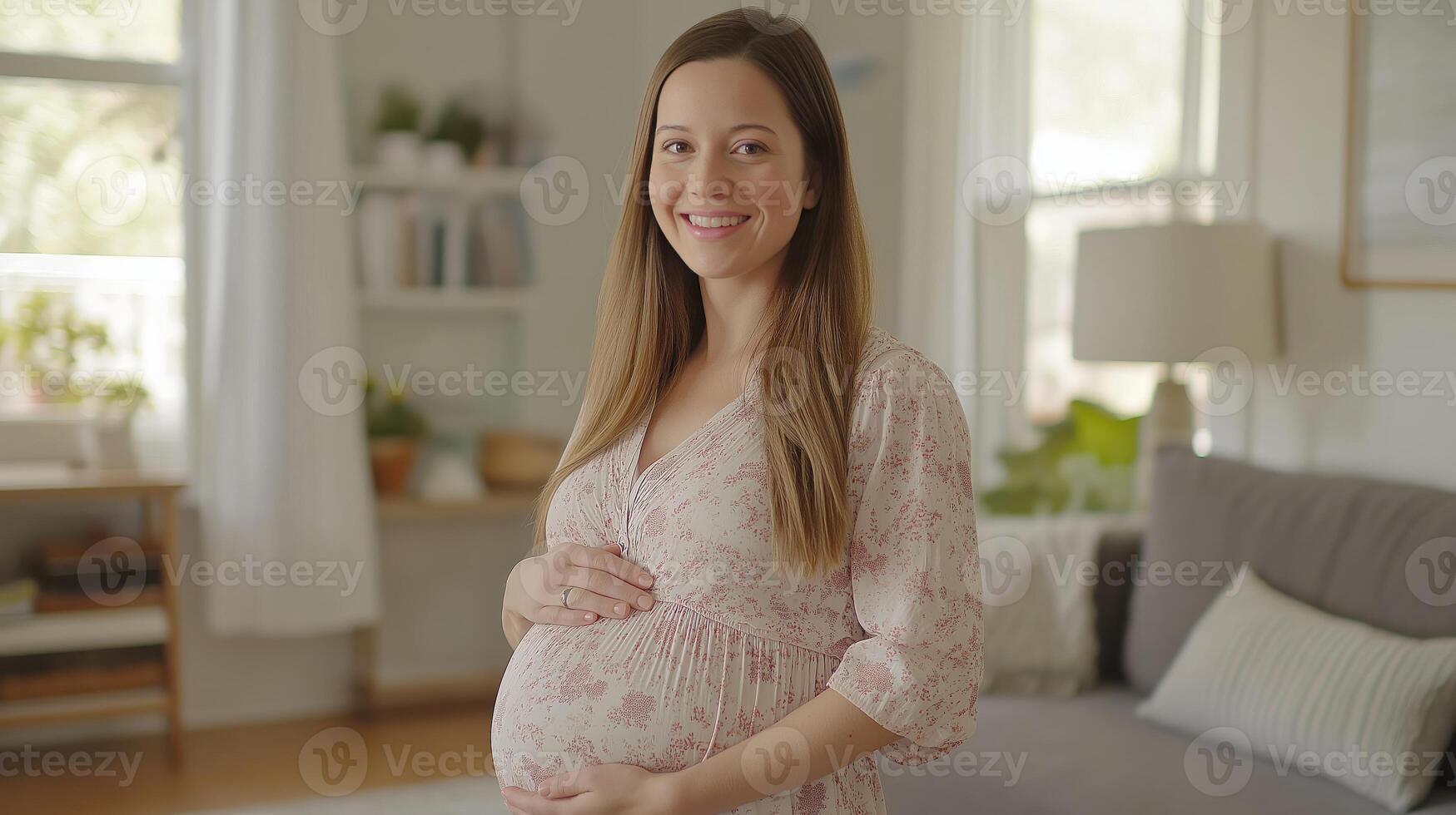 Cheerful young pregnant eastern european woman in a cozy home environment photo