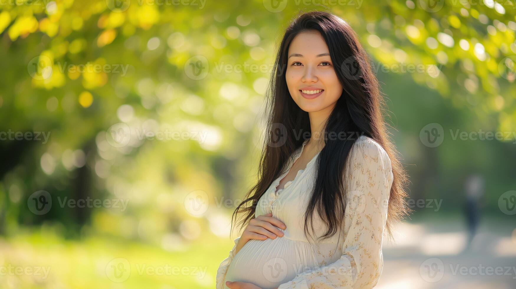 Cheerful young central asian woman enjoying nature in serene outdoor setting, perfect for lifestyle or wellness content photo