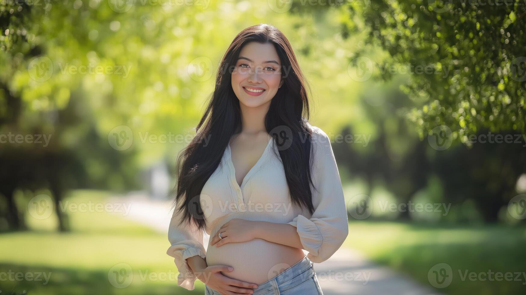 Cheerful young central asian woman relaxing outdoors in summer for lifestyle and wellness concept photo