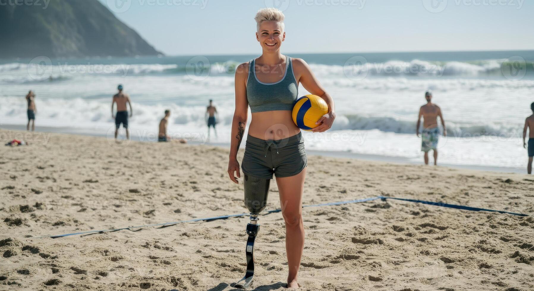 Diverse summer beach volleyball scene featuring amputee athlete with prosthetic leg for sports and outdoor adventure design photo