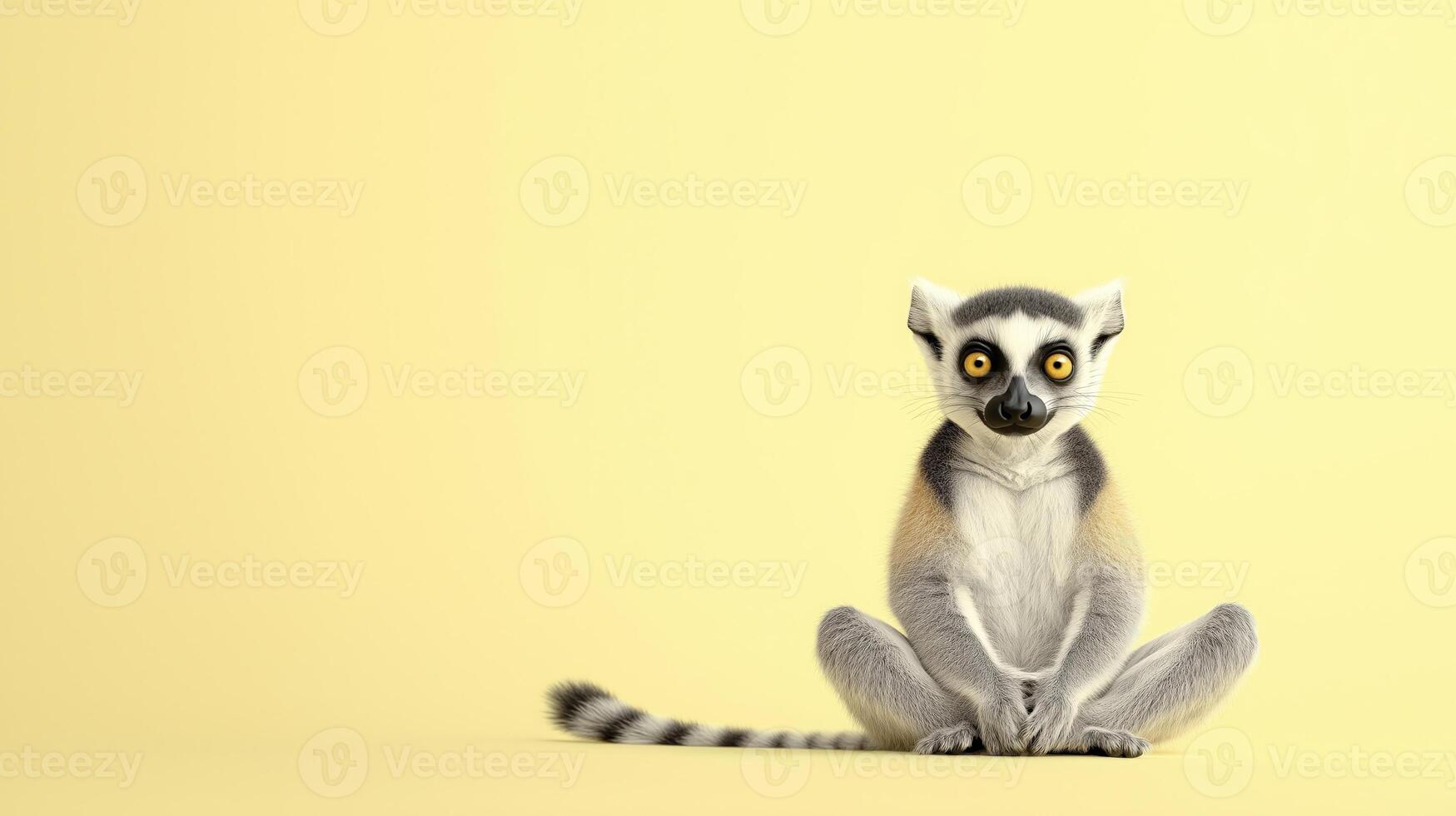 Playful ring-tailed lemur on warm yellow background for creative design and nature themes photo