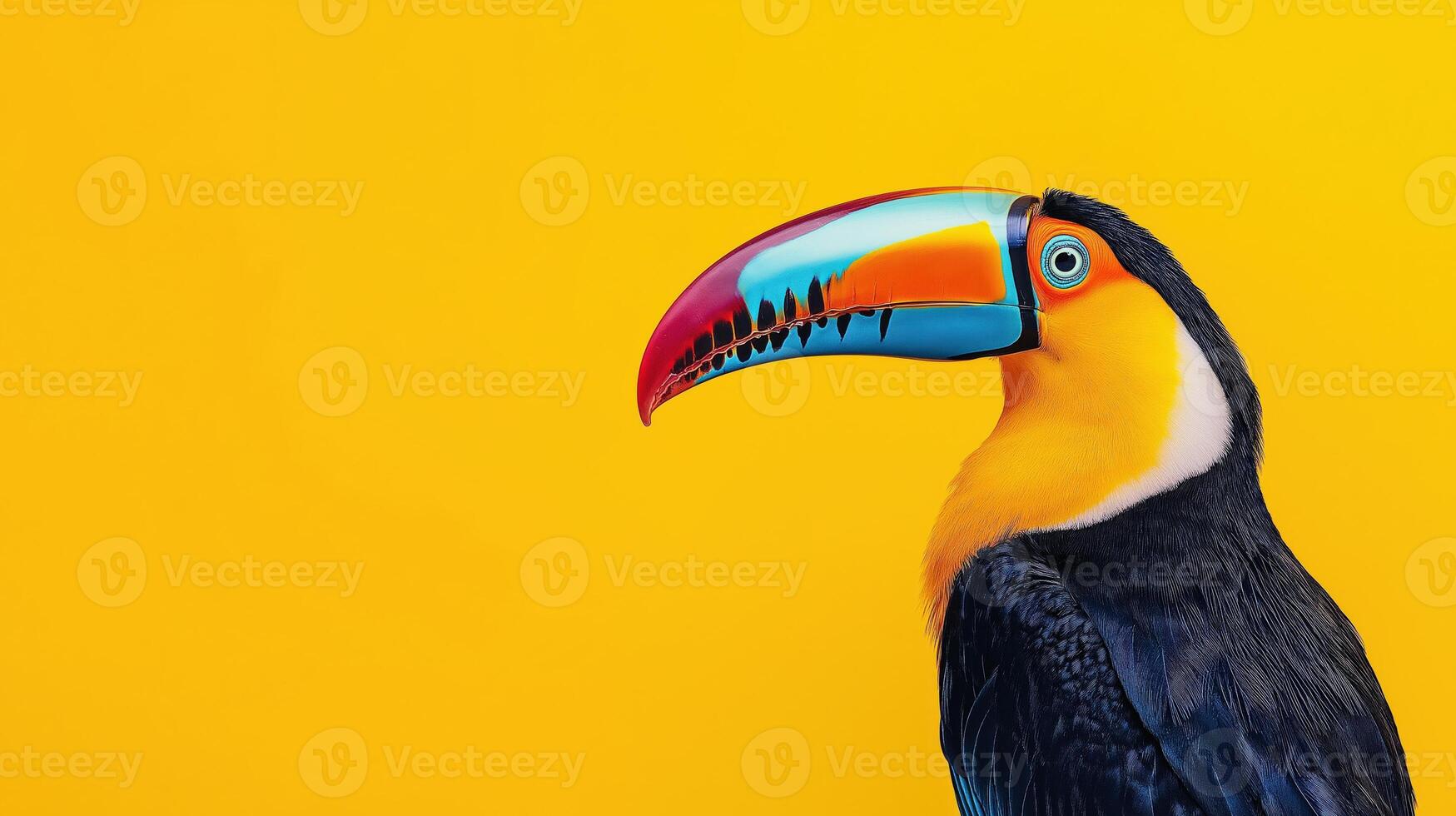 Vibrant toucan perched against a bright yellow background for nature and wildlife photography photo