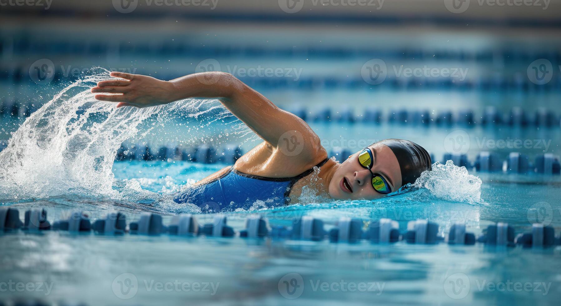 Competitive swimming performance in indoor pool highlighting athlete's strength and technique photo