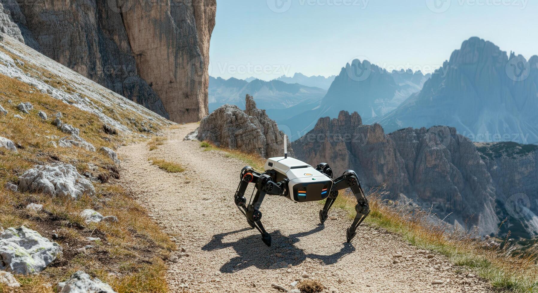 Advanced robotic exploration in remote mountain trail for futuristic adventure and technology concept photo