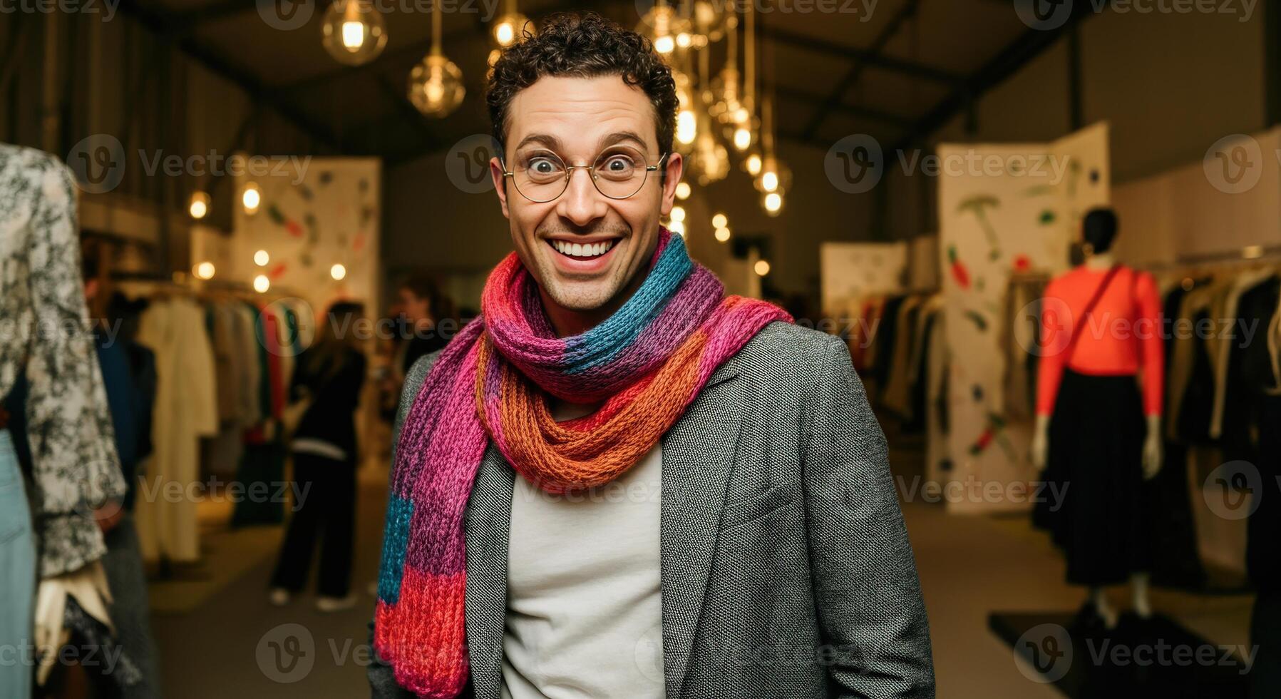 Fashion event smiling man with colorful scarf in trendy clothing photo
