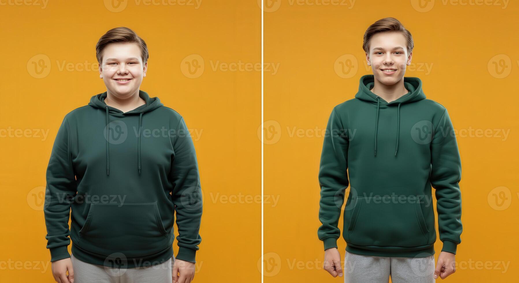 Before and after transformation of smiling young teen in green hoodie on bright orange background photo