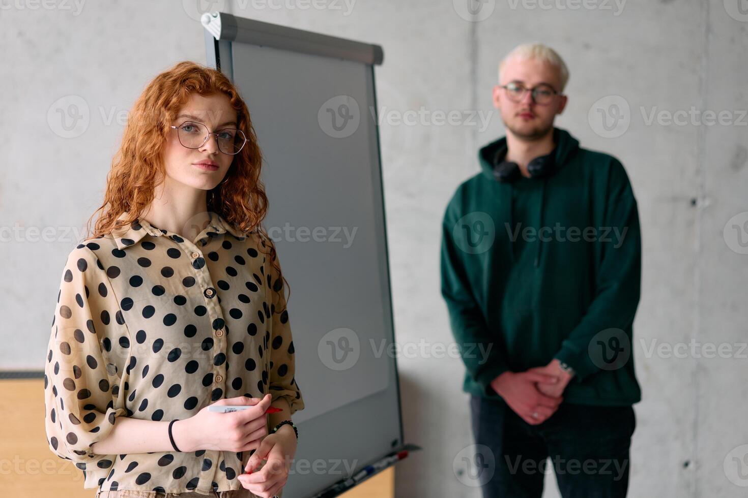 A business colleague collaboratively presenting business goals and strategies to their team in a professional office setting photo