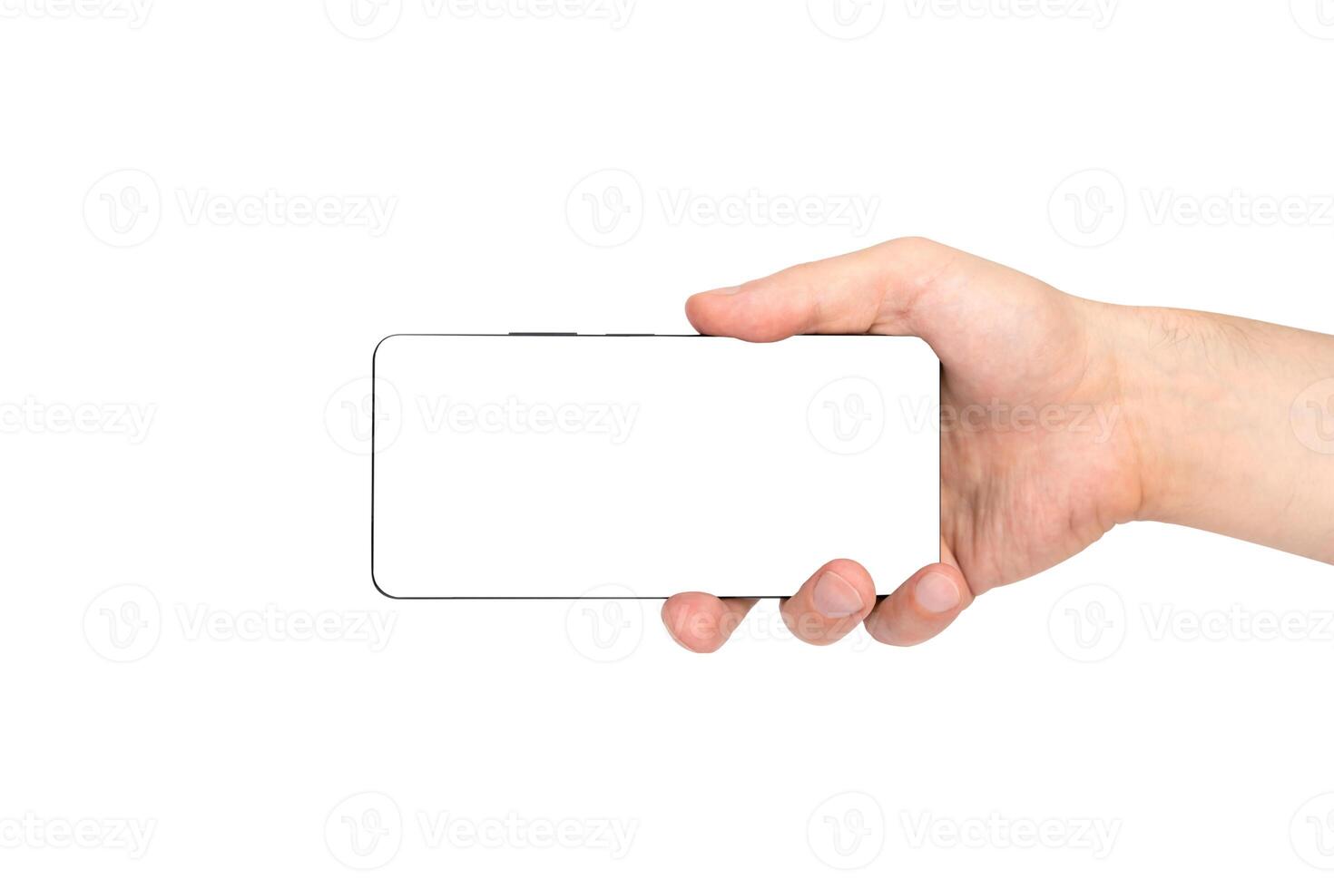A man's hand holds a smartphone with a white screen. Hand isolated on white background. Close-up. photo