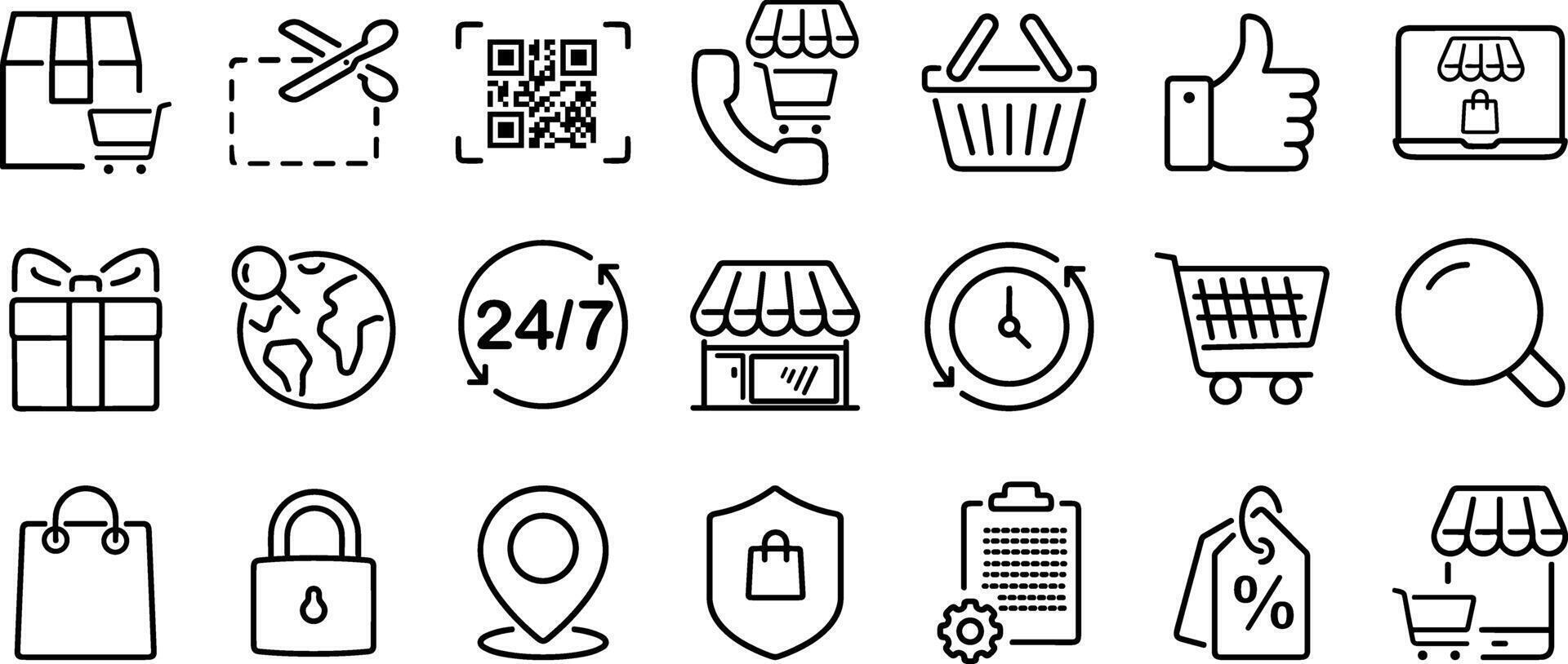 Editable stroke, outline icons set of online shopping and e-commerce, isolated on white background. vector