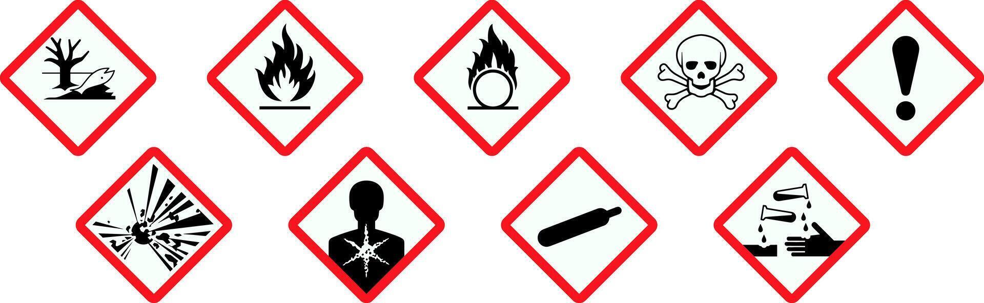 Globally Harmonized System GHS Warning Signs. Flame, gas cylinder, skull and crossbones. vector