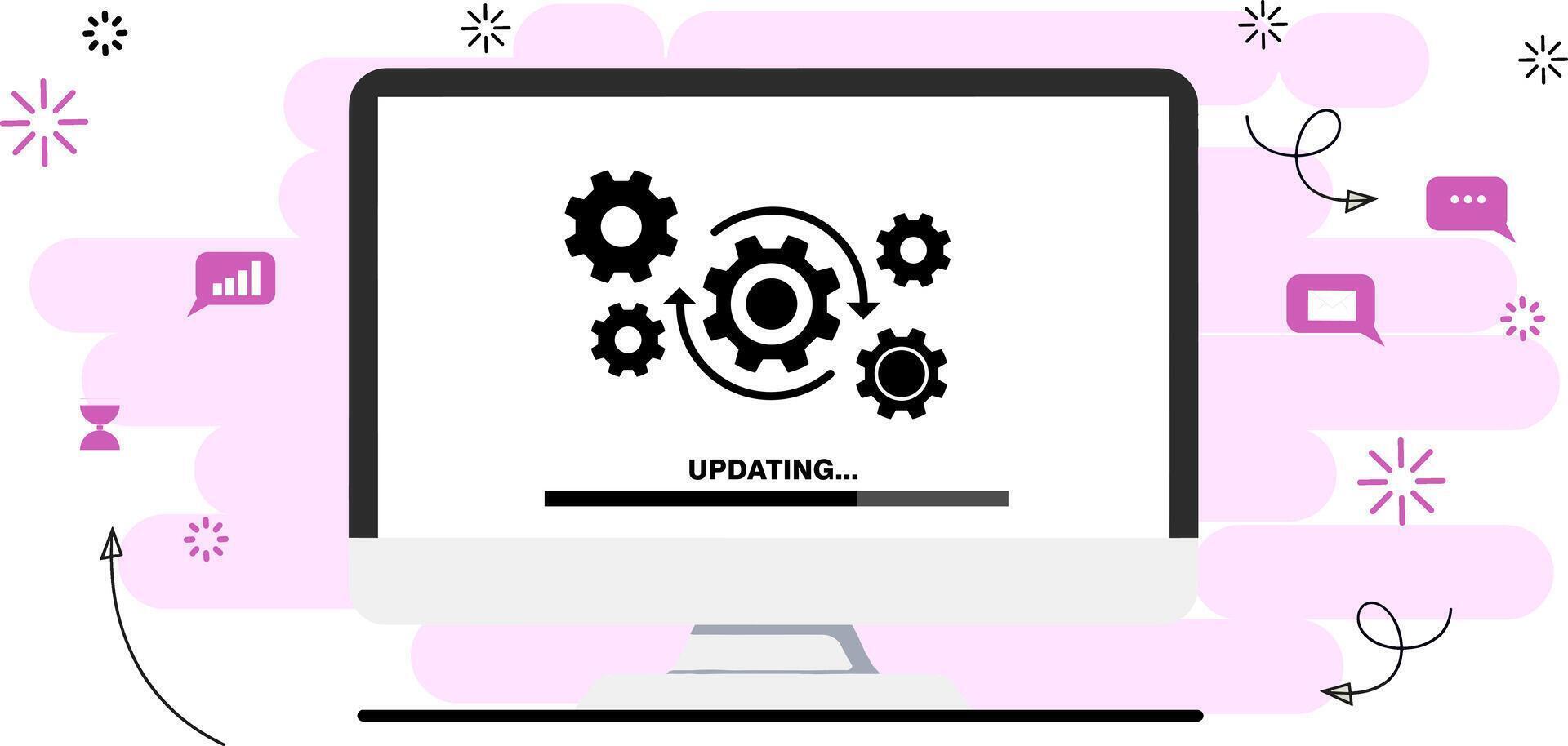 Loading process on a computer screen. System software update, data upgrade, or synchronization with a progress bar. vector