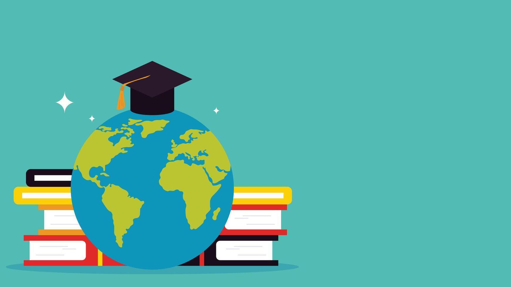 illustration graphic of planet earth wearing a graduation cap, displaying a stack of books, perfect for international day, international day of education, celebrate, greeting card, etc. vector