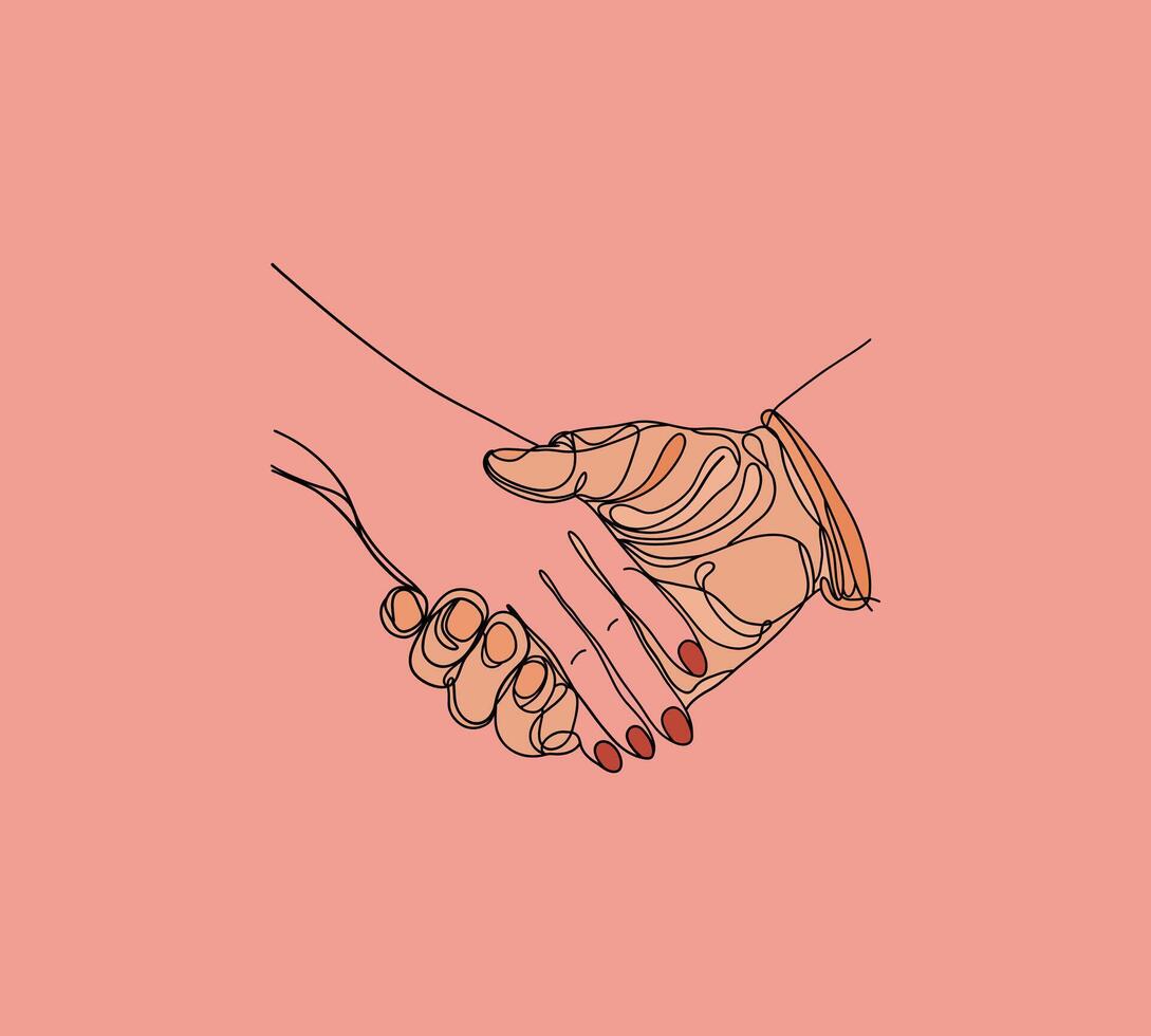 Elegant illustration of two hands. Minimalist one line of a handshake, symbolizing trust and partnership. For business, teamwork, or connection themes, websites to promotional materials. vector