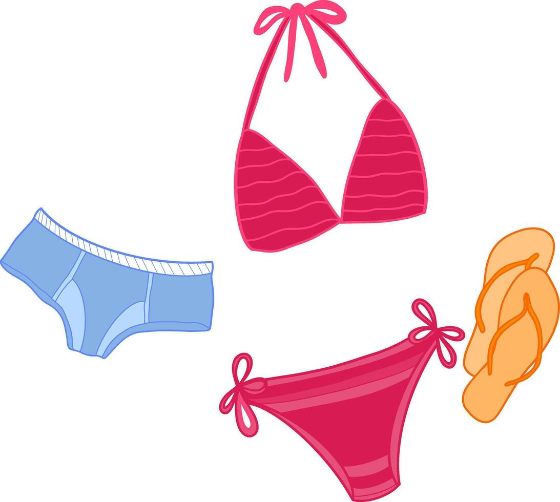 Illustration of a red bikini, blue shorts, and orange flip flops in a simple, colorful style on a white background. For summer or beach designs. vector