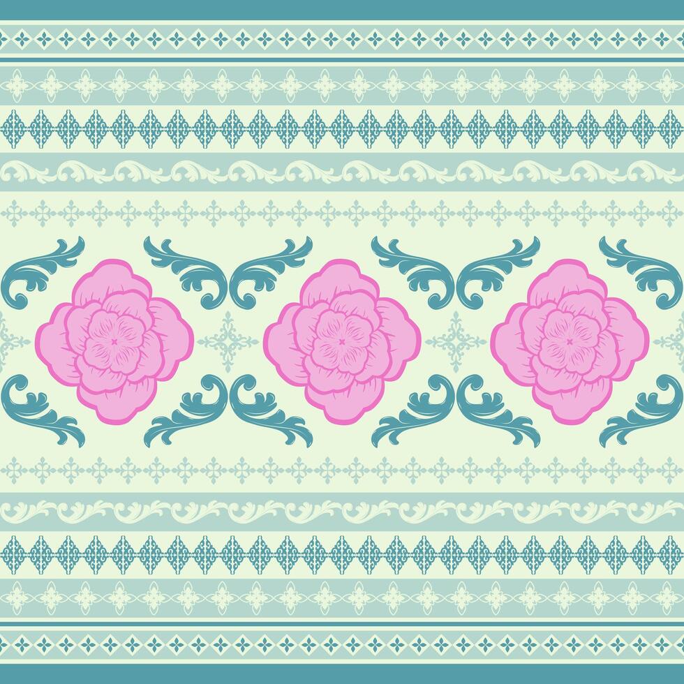 Sweety Roses Garden Blossom with Butterfly Decoration Embroidery Seamless Pattern. Botanical Nature Design Pink and Green Mint Pastel Color. Scroll Weaves Handcraft , Carpet, Fabrics, Kebaya. vector