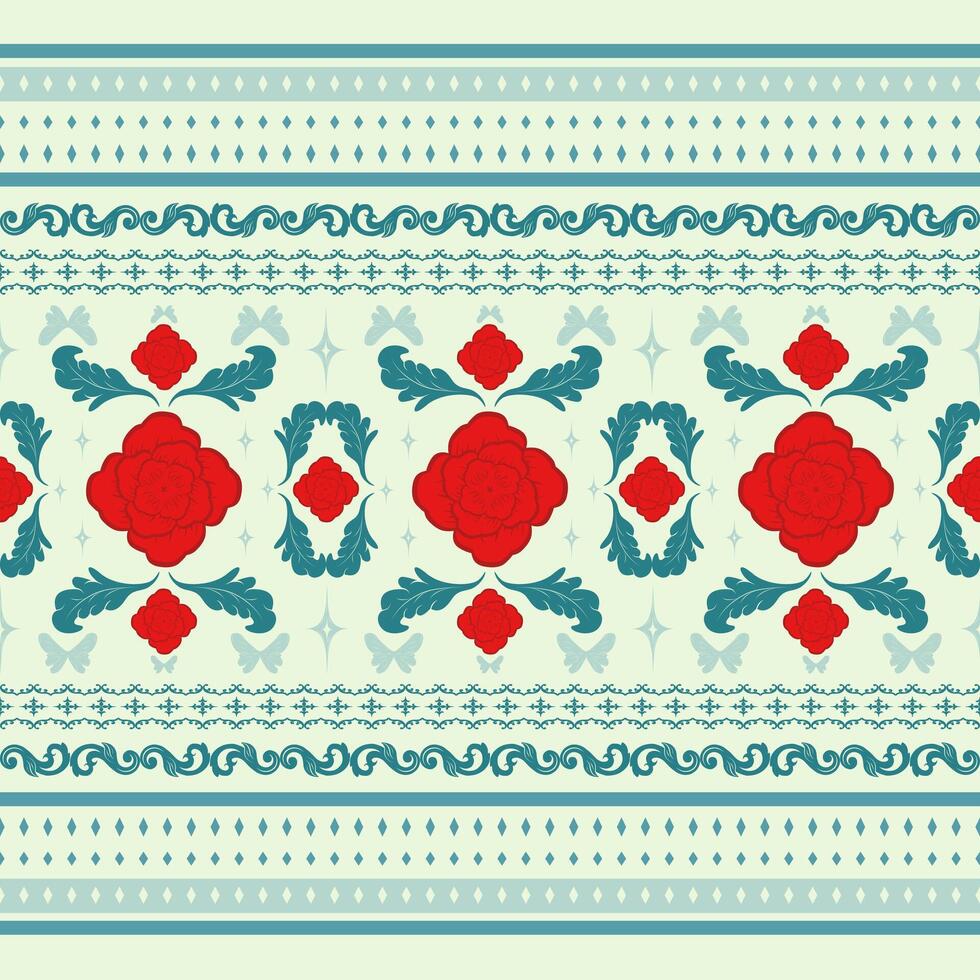 Red Rose Garden with Butterfly and Sparkle Leaves on Green Mint Background. Nature and Flowers Seamless Pattern. Romance Valentine's Endless Love. vector