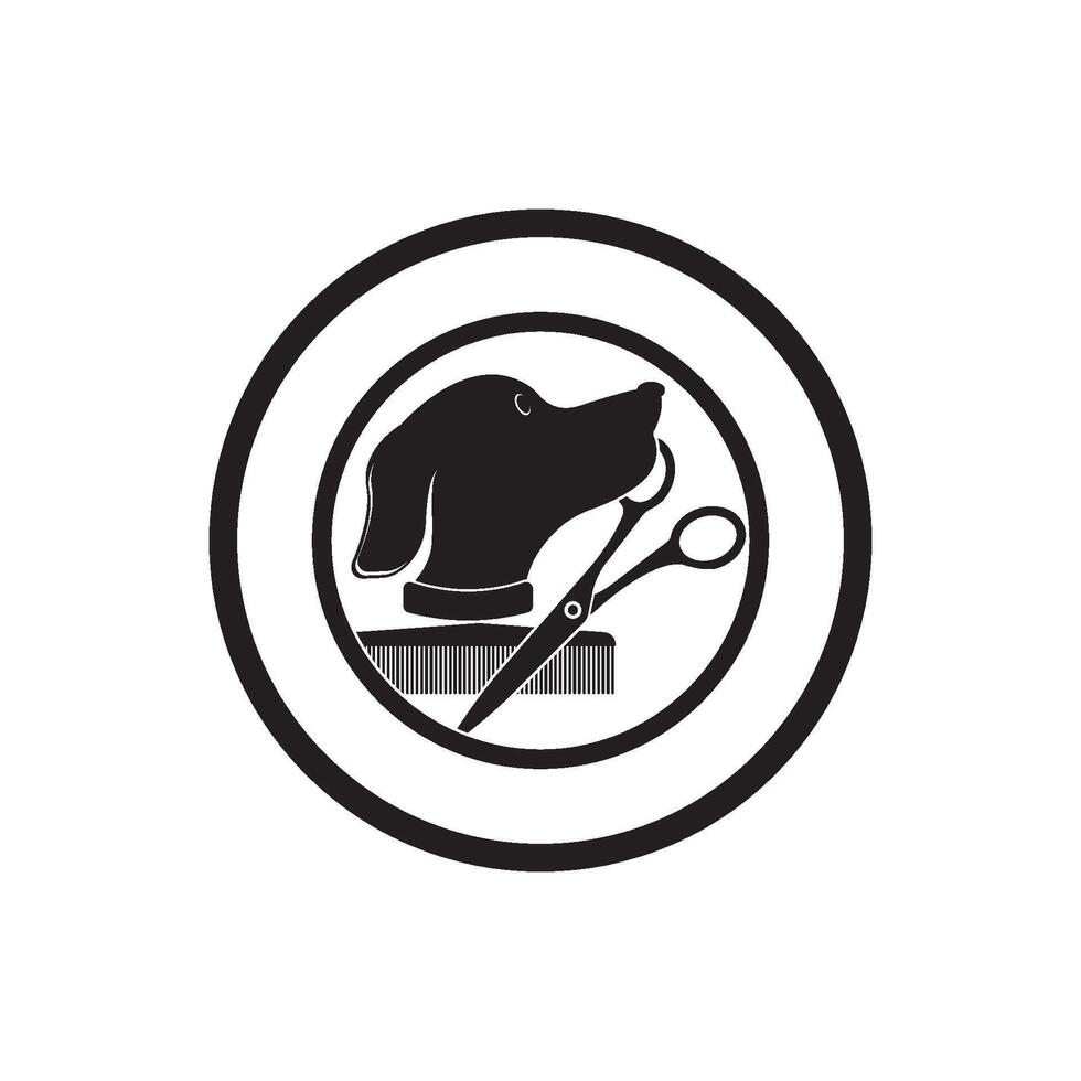 A black and white logo of a dog with scissors vector