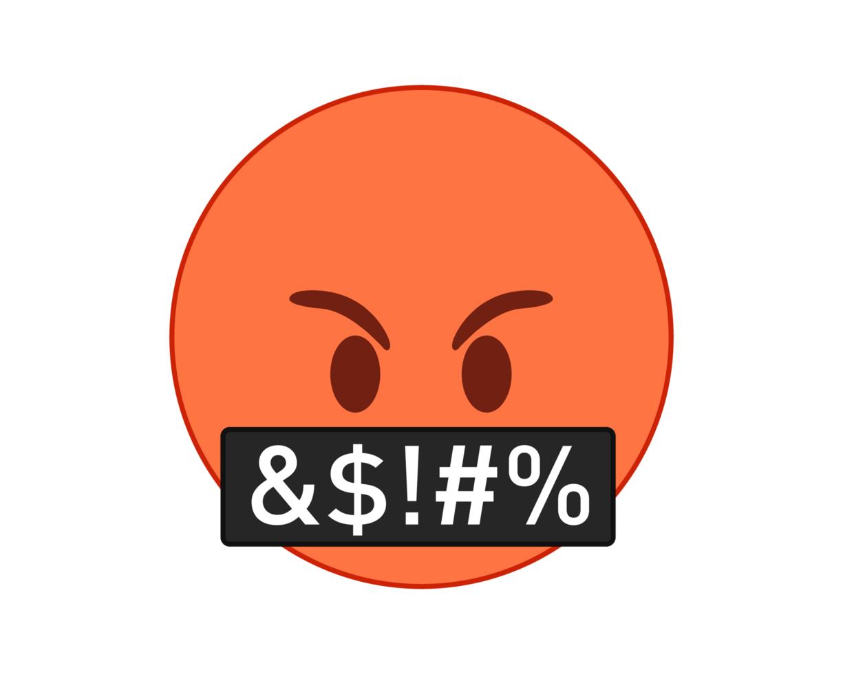 Angry red angry with black bar face icon and white grawlixes covering its mouth on transparent background png