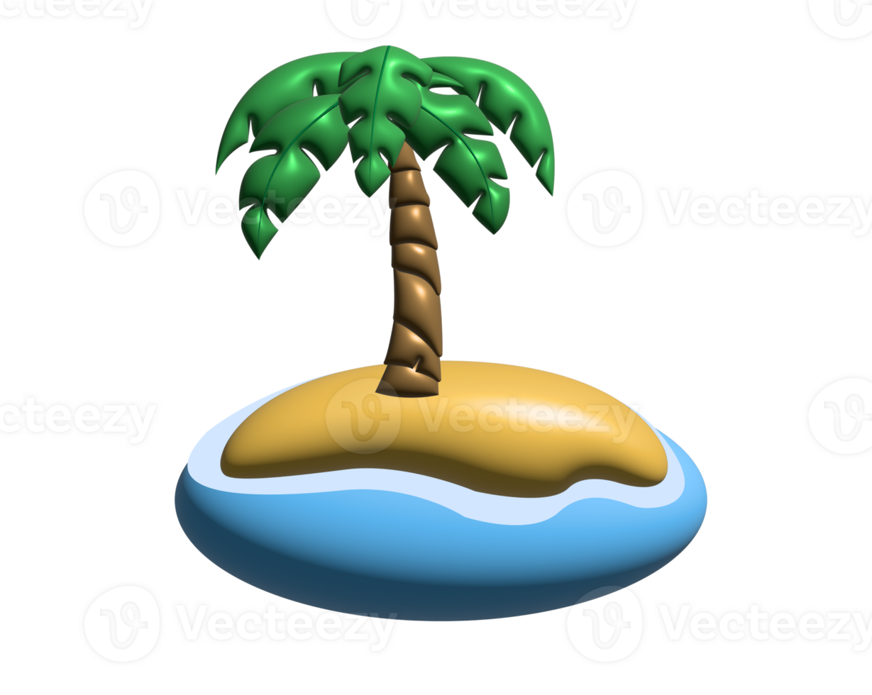 Small desert island 3D icon with green coconut tree on beach surrounded by blue water png