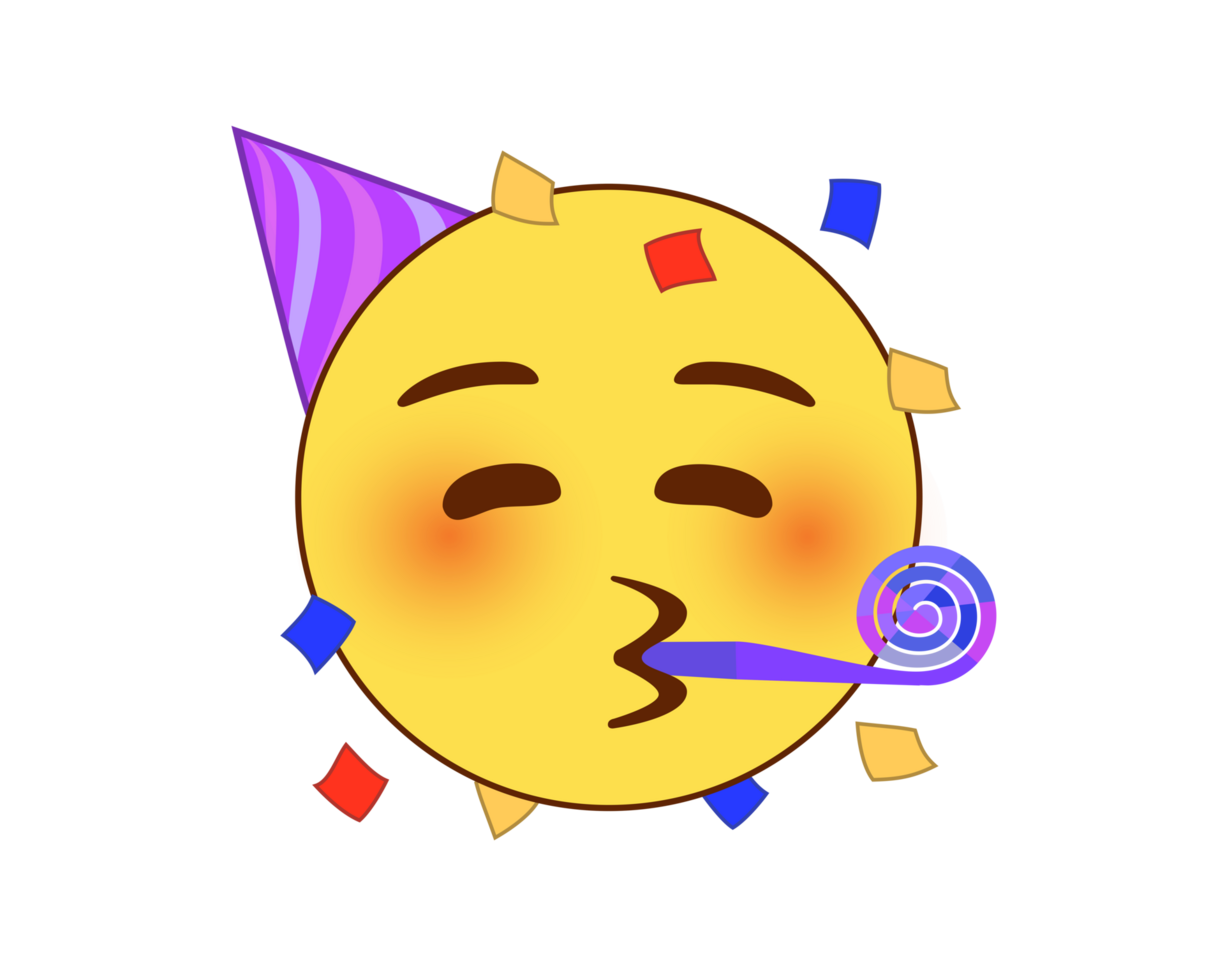 Yellow kissing mouth flat icon with party hat, confetti png
