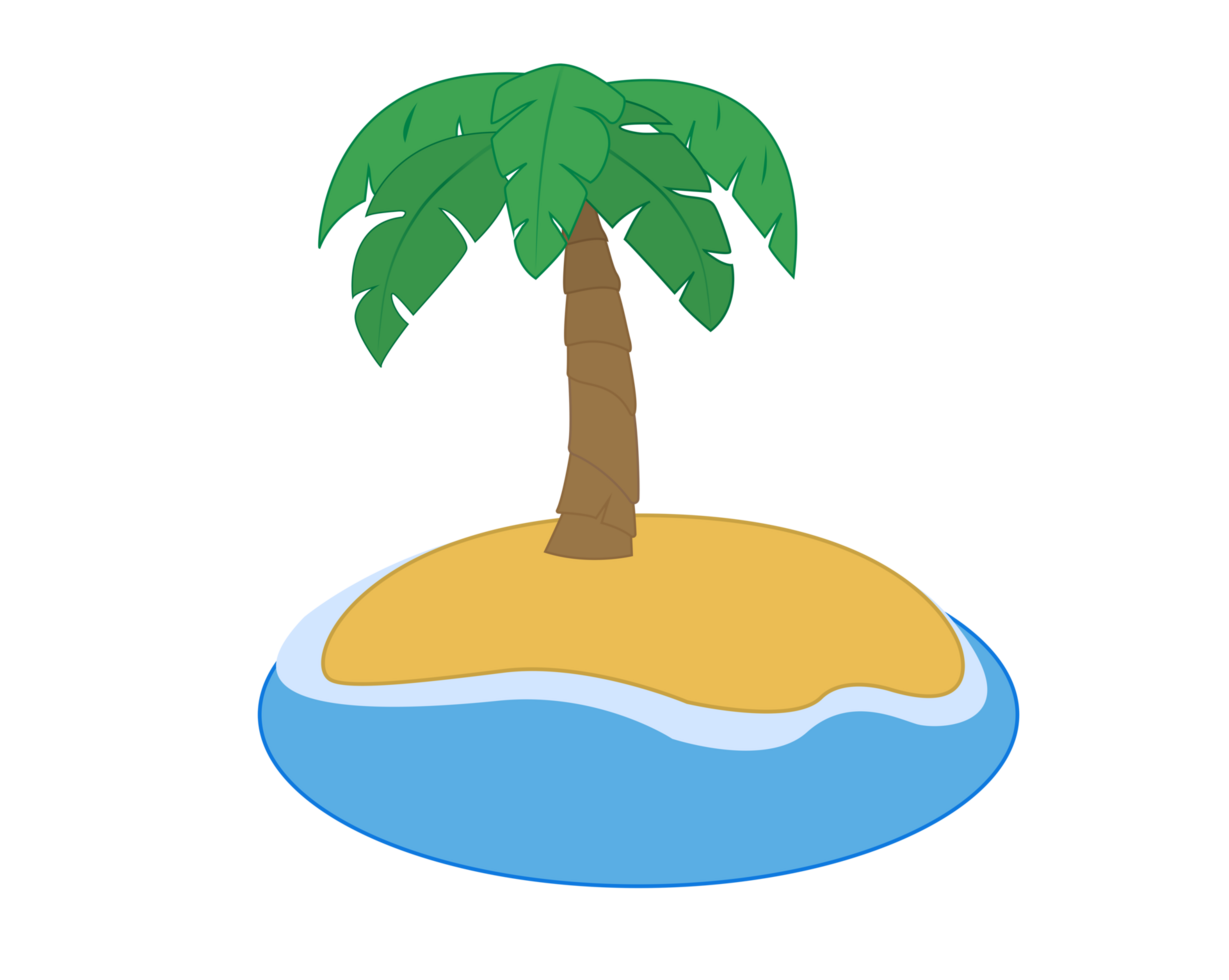 Small desert island flat icon with green coconut tree on beach surrounded by blue water png
