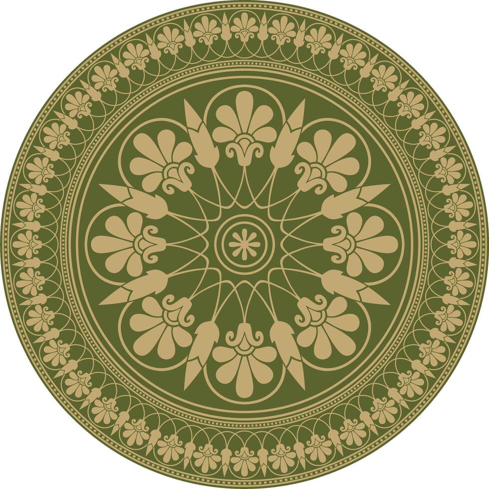 gold with green classic Greek round ornament. Circle of Ancient Greece and the Roman Empire. Byzantine painting of walls, floors and ceilings. Decoration of European palaces. vector
