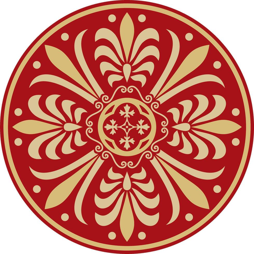 gold with red classic Greek round ornament. Circle of Ancient Greece and the Roman Empire. Byzantine painting of walls, floors and ceilings. Decoration of European palaces. vector