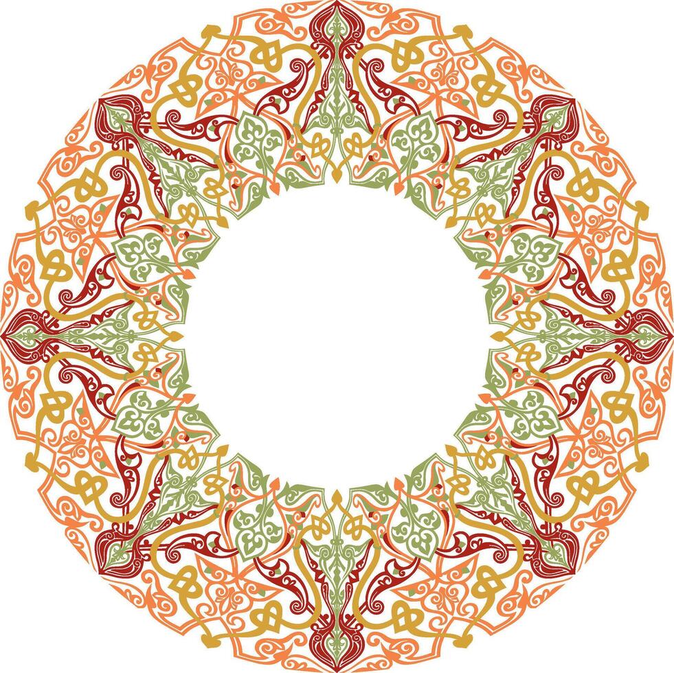 colored round oriental ornament. Arabic patterned circle of Iran, Iraq, Turkey, Syria. Persian frame, border. Lacy carved snowflake. vector