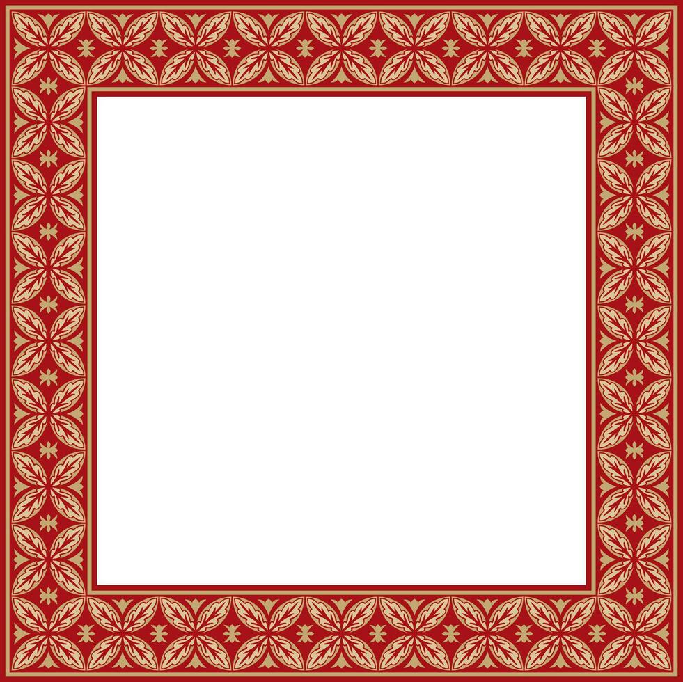 square gold with red ancient Russian ornament. Slavic rectangle, border, frame. Painting of the royal chambers. vector
