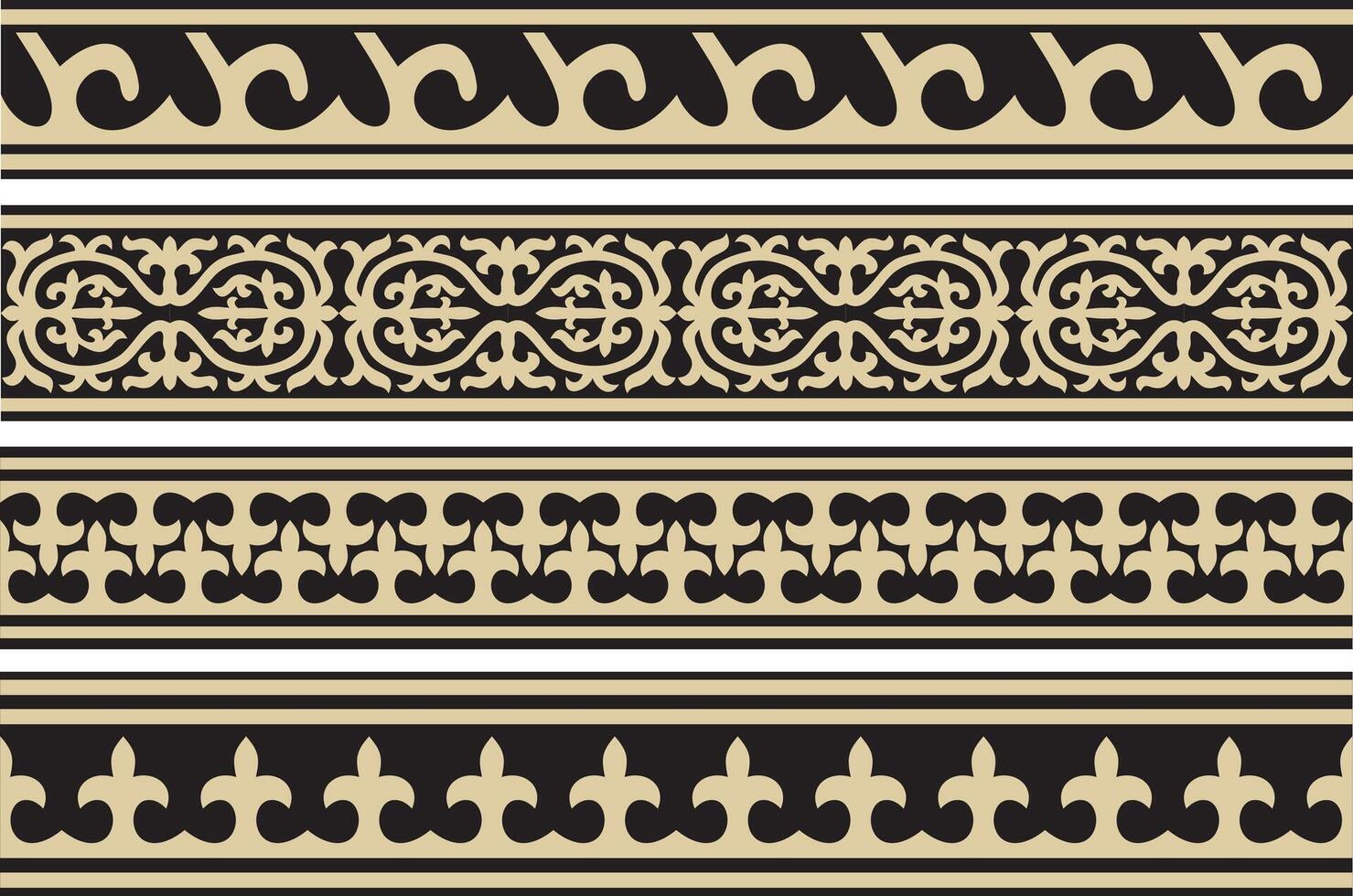 set of golden and black seamless Kazakh national ornament. Ethnic endless pattern of the peoples of the Great Steppe, Mongols, Kyrgyz, Kalmyks, Buryats. circle, frame border. vector