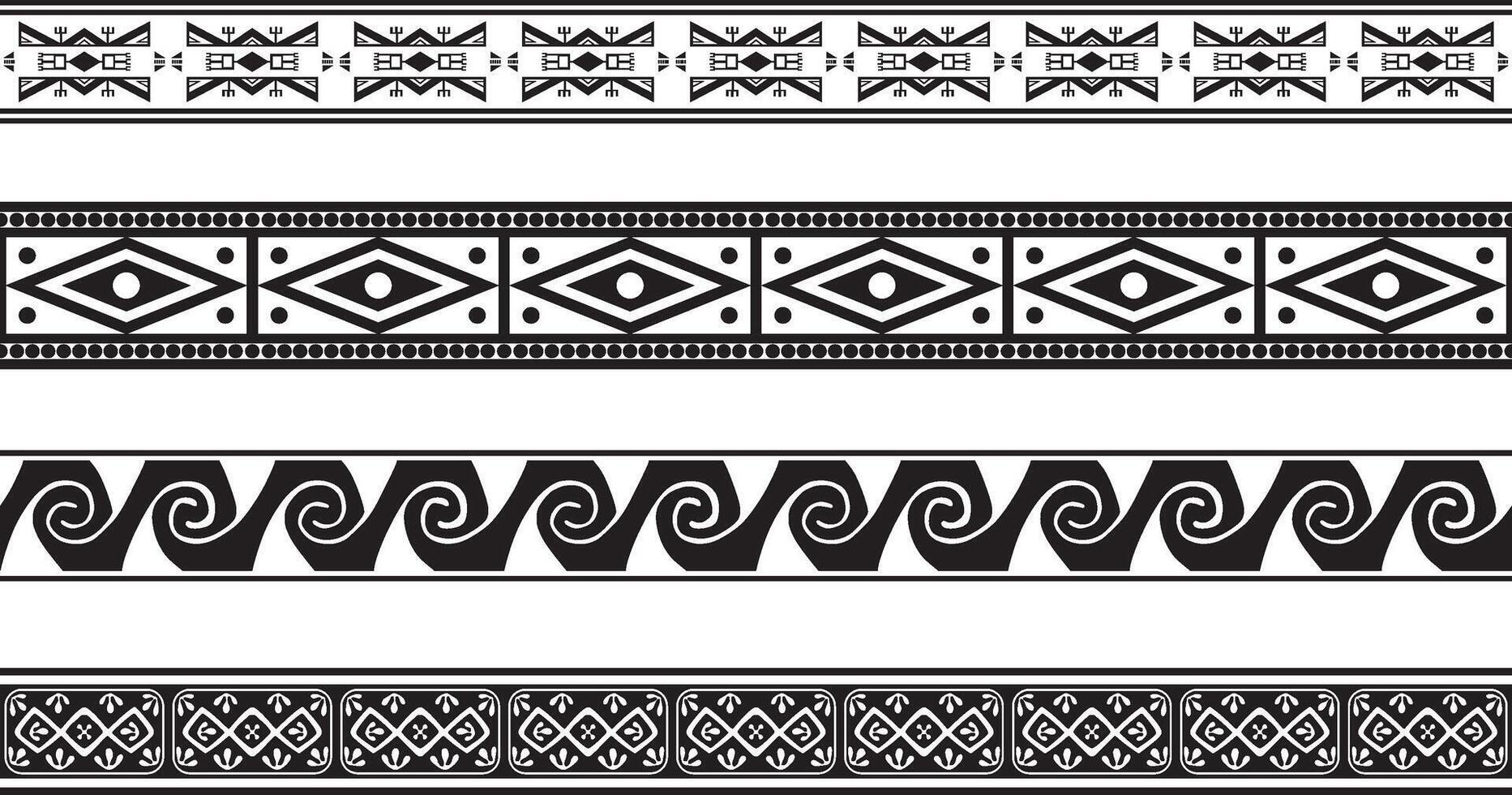 set of seamless monochrome national native american ornaments. Endless ethnic black borders, frames of the peoples of America, Aztec, Maya, Incas. For sandblasting, plotter and laser cutting. vector