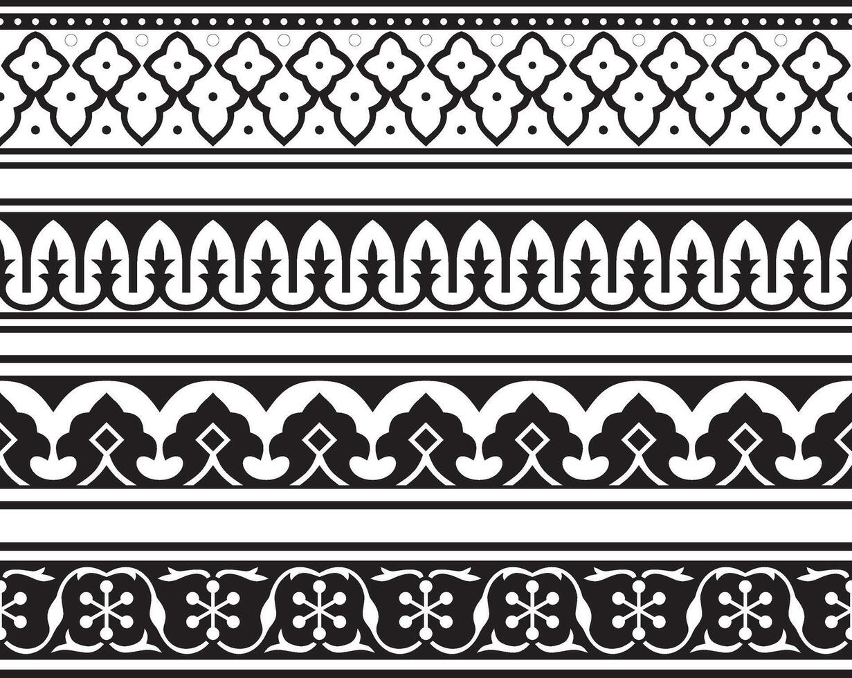 set of endless monochrome black national Persian ornaments. Seamless frame, border, ethnic pattern of the peoples of Iran, Iraq, Tajikistan vector