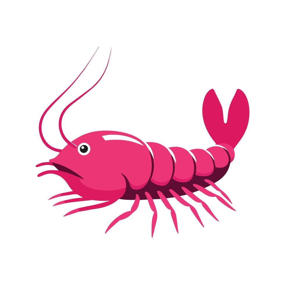 Shrimp Flat Illustration, Simple Stylized Design, Bright Pink Body, Curved Tail, Minimalist Look, Clean Lines, White Background vector