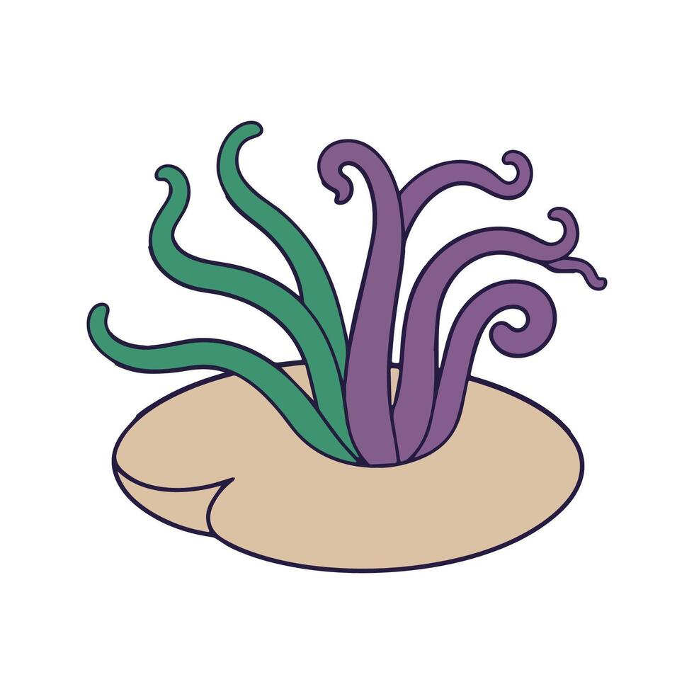 Sea Anemone Flat Illustration, Simple Stylized Design, Flowing Tentacles, Vibrant Green-Purple, Minimalist Look, Clean Lines, White Background vector