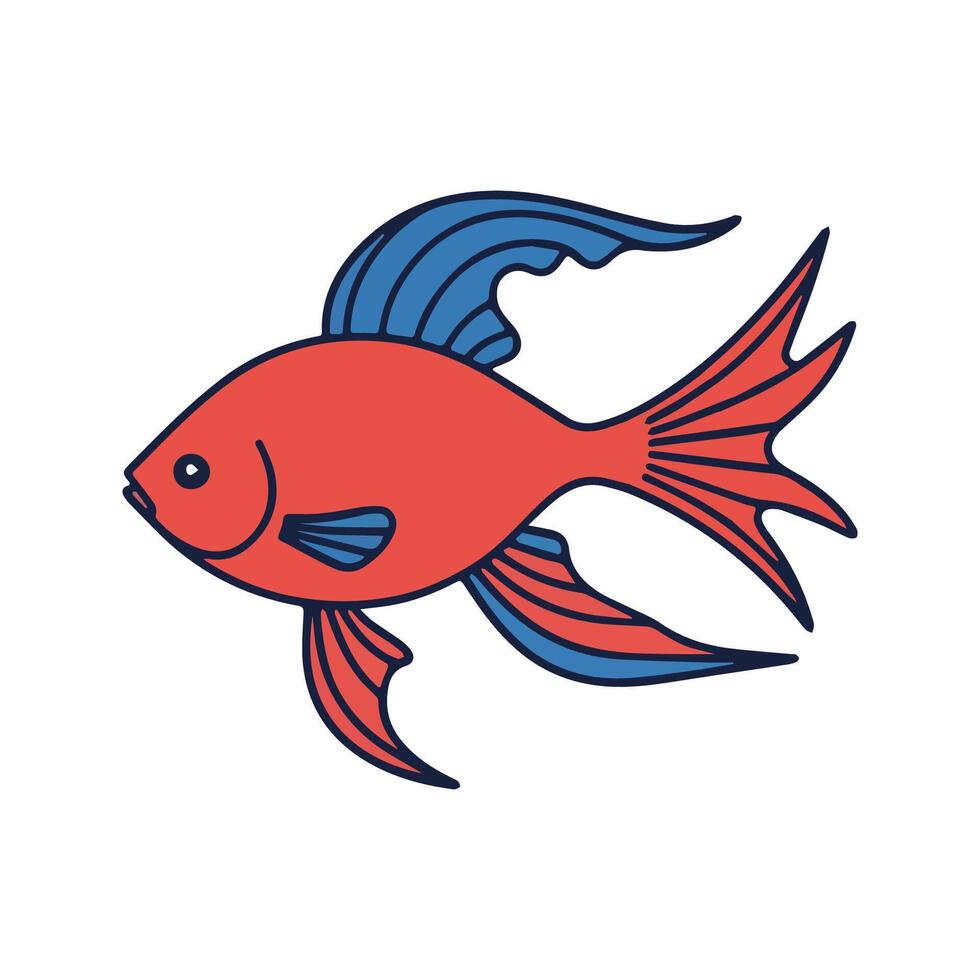 Flat illustration of a Siamese fighting fish with flowing fins, vibrant red and blue colors, compact body, minimalistic design, clean background vector