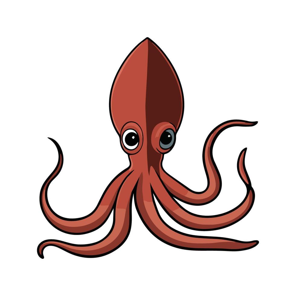 Giant Squid Flat Illustration, Simple Stylized Design, Long Tentacles, Reddish-Brown Body, Minimalist Look, Clean Lines, White Background vector