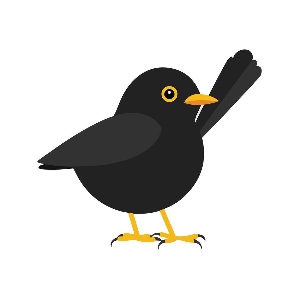 Flat illustration of a stylized common blackbird with black body, yellow-orange beak, and wide wings, minimalistic design, plain white background vector