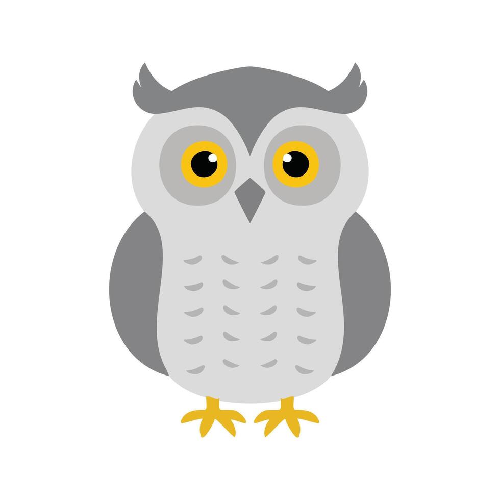 Flat illustration of a stylized snow owl with white body, yellow eyes, and gray accents, minimalistic design, cartoonish style, plain white background vector