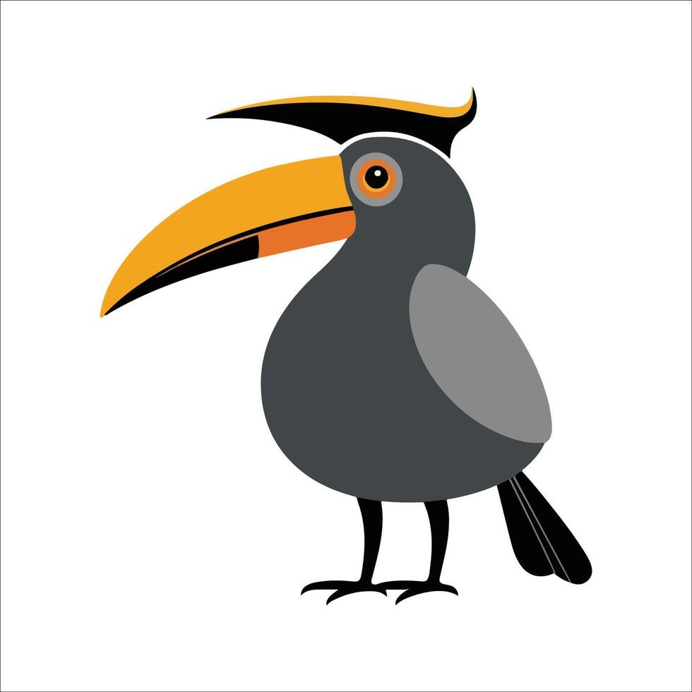 Flat illustration of a stylized hornbill with yellow-orange beak and dark gray body, minimalistic, cartoonish style, plain white background vector