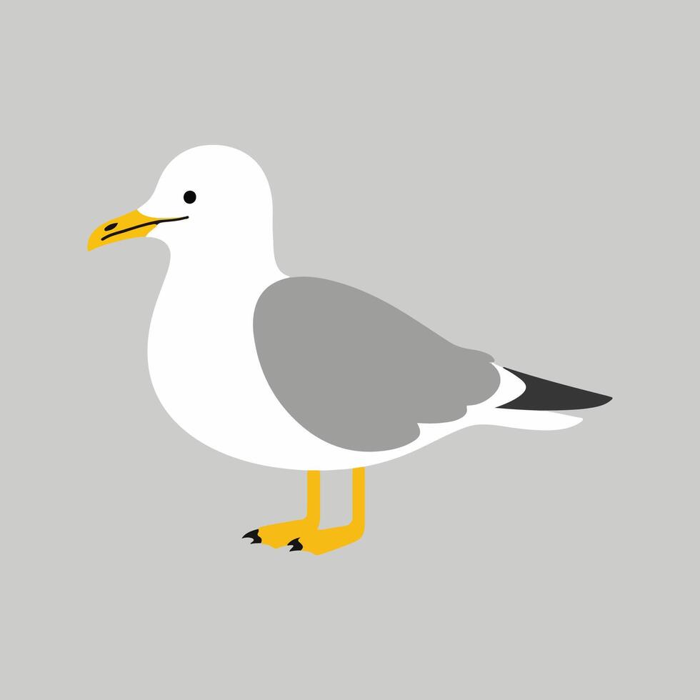 Flat illustration of a stylized seagull with white body, yellow beak, and gray wings, minimalistic design, cartoonish style, plain white background vector