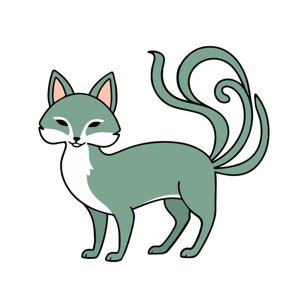 Kitsune Flat Illustration, Multiple Tails, Stylized Fox, Simple Design, Clean Lines, White Background vector