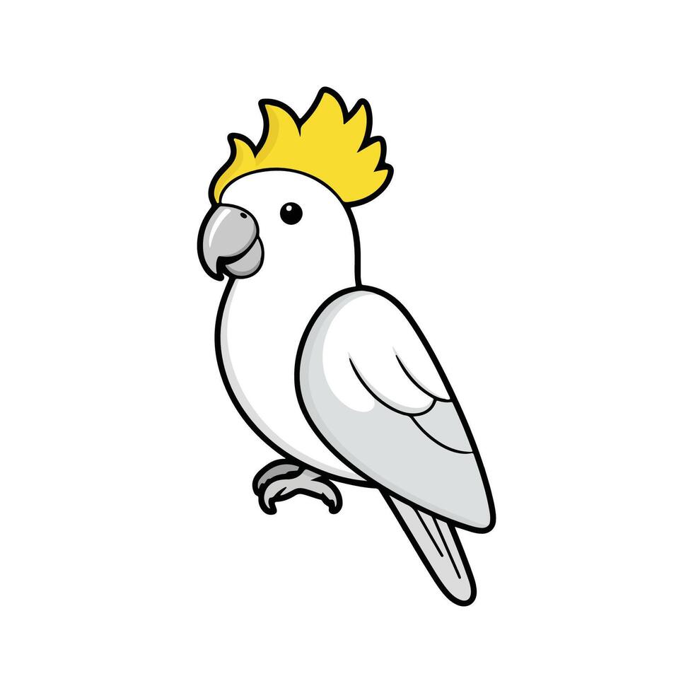 Flat illustration of a stylized cockatoo with white body, yellow crest, and light gray beak, minimalistic design, cartoonish style, plain white background vector