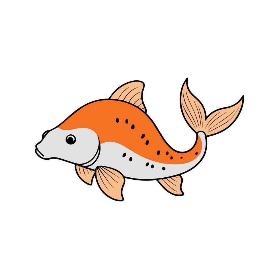 Flat illustration of a koi carp with bright orange and white body, graceful tail, minimalistic design, clean background, modern aesthetic vector
