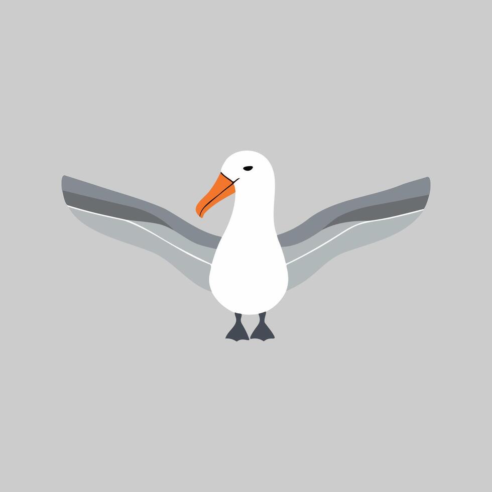 Flat illustration of a stylized albatross with white-gray body, orange beak, and wide wings, minimalistic design, cartoonish style, plain white background vector