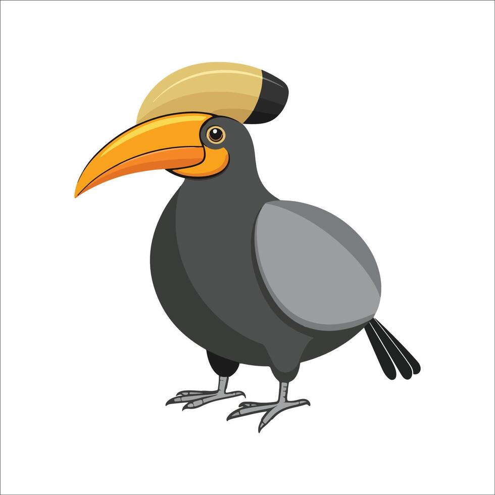 Flat illustration of a stylized hornbill with yellow-orange beak and dark gray body, minimalistic, cartoonish style, plain white background vector