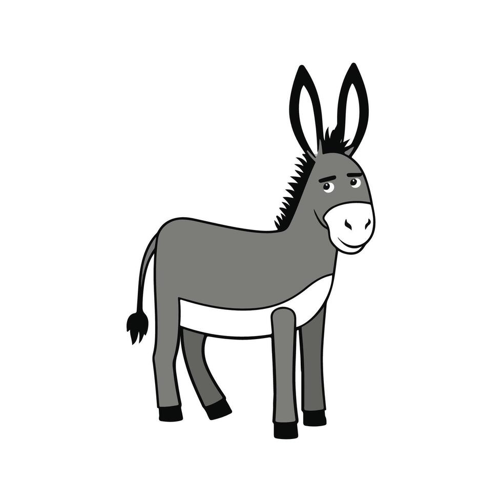 Flat Donkey Illustration, Cartoon Design with Grayish Body and White Belly Patch, Minimalist Style vector