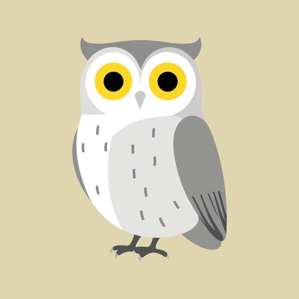 Flat illustration of a stylized snow owl with white body, yellow eyes, and gray accents, minimalistic design, cartoonish style, plain white background vector