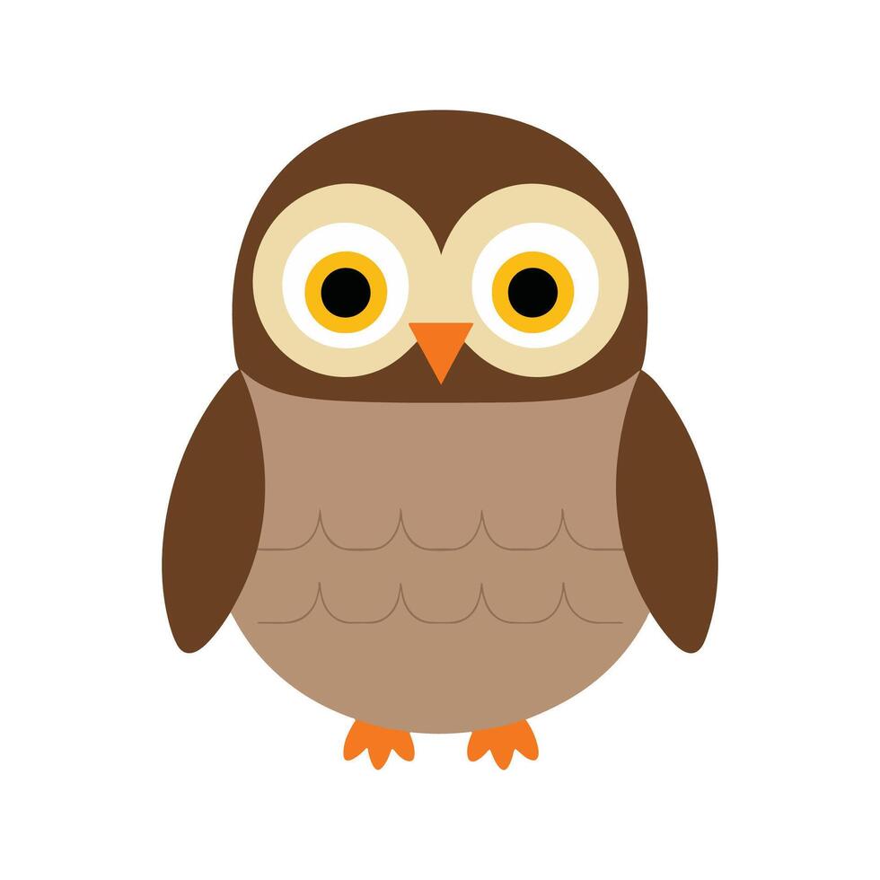 Flat illustration of a stylized owl with brown body, yellow eyes, and orange beak, minimalistic cartoon design, plain white background vector